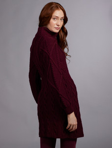 Women's Aran Long Button Cable & Diamond Coat - Wine