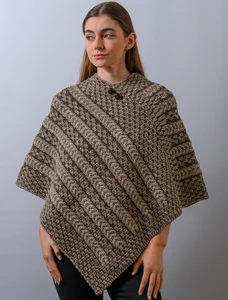 Plaited Aran Poncho with Button Detail - Wicker/Brown