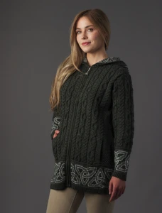 Hooded Celtic Jacquard Zip Aran Coat - Army Green