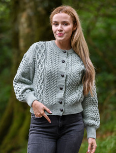 Cropped Wool Aran Cardigan - Sage Green