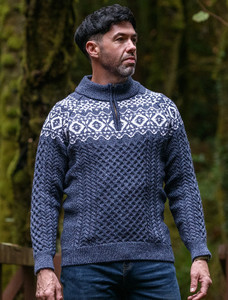 Aran Half-Zip Jacquard Sweater - Denim Marl