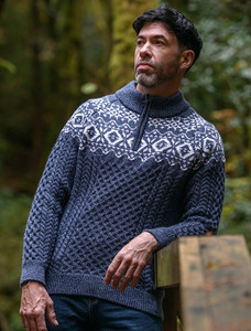 Aran Half-Zip Jacquard Sweater - Denim Marl