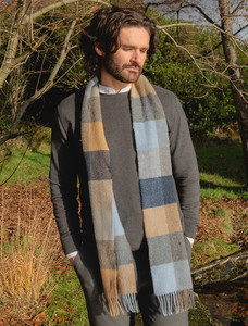 Narrow Lambswool Checked Scarf - Beige Grey & Blue