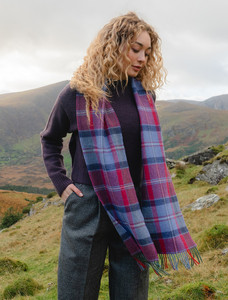 Narrow Lambswool Checked Scarf - Raspberry Lavender & Purple