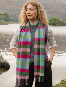 Fine Merino Plaid Scarf - Pink Blue & Green