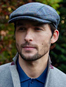 Pure Wool Tweed Driving Cap - Navy Green Windowpane