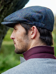 Pure Wool Tweed Driving Cap - Navy Green Windowpane