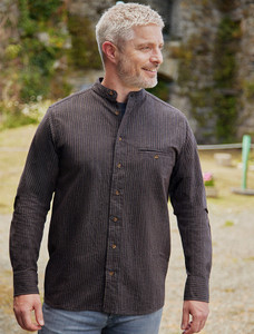 Men's Comfort Cotton Grandfather Shirt - Black with Burgundy Stripes