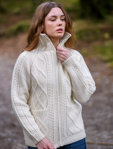 Hand Knit Zipper Card‎igan with Pockets - Winter White