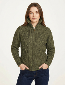  Hand Knit Zipper Card‎igan with Pockets - Moss Green