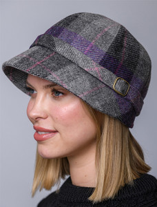 Ladies Tweed Flapper Cap - Charcoal, Grey & Purple