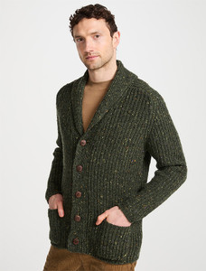 Men's Donegal Wool Rib Shawl Cardigan - Army Green