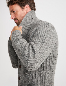 Men's Donegal Wool Rib Shawl Cardigan -Silver