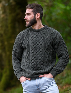Mens Traditional Aran Wool Sweater - Moss