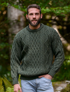 Mens Aran Crew Neck Sweater  - Moss
