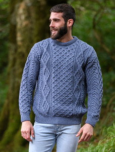Mens Traditional Aran Wool Sweater - Denim