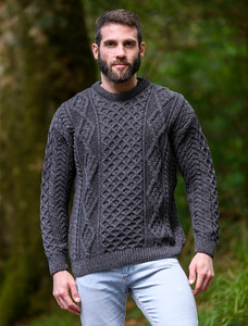 Mens Traditional Aran Wool Sweater - Charcoal