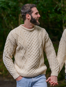 Mens Traditional Aran Wool Sweater - Natural White