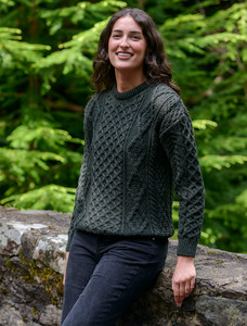 Womens Traditional Aran Wool Sweater - Moss