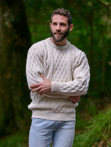 Mens A​r​an Cr​ew Neck Sweater - White