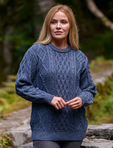 Womens Aran Crew Neck Sweater - Denim