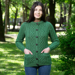 Ladies Aran Button Cardigan - Green