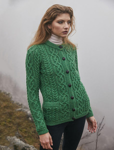 Ladies Aran Button Cardigan - Green