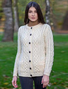 Ladies Aran Button Cardigan - Natural White