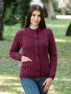 Ladies Aran Button Cardigan - Wine