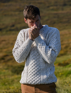 Men's Cable Knit Crew Neck Aran Wool Sweater - Fleck