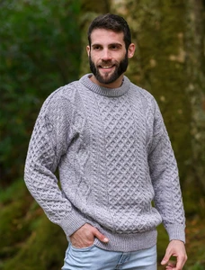 Men's Cable Knit Crew Neck Aran Wool Sweater - Ash Grey