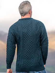 Men's Cable Knit Crew Neck Aran Wool Sweater - Blackwatch - Back