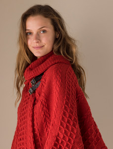 Shawl Collar Poncho with Leather Buckle Detail - Red
