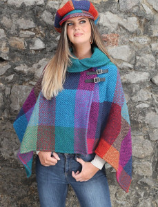 Shawl Collar Poncho with Leather Buckle Detail - Donegal Red