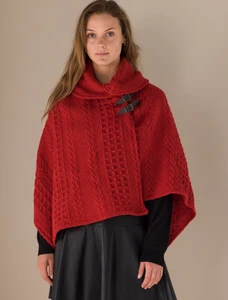 Shawl Collar Poncho with Leather Buckle Detail - Red