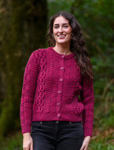 Classic Crew Neck Cardigan - Fuscia