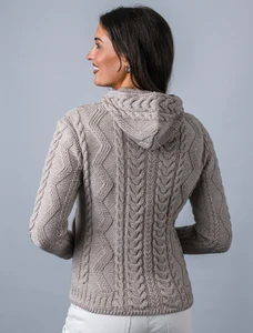 Aran Cable Knit Hooded Cardigan - Parsnip