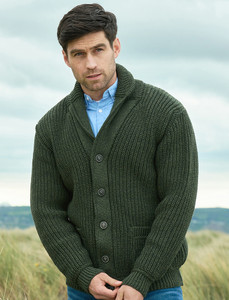 Merino Wool Ribbed Shawl Neck - Army Green