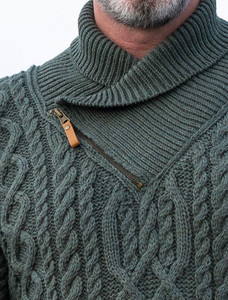 Aran Zip Shawl Neck Sweater - Zip & Collar