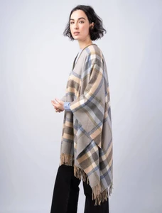 Women's Lambswool Brat Shawl - Fawn Blue Check