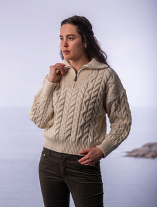 Chunky Knit Cropped Aran Troyer - Natural White