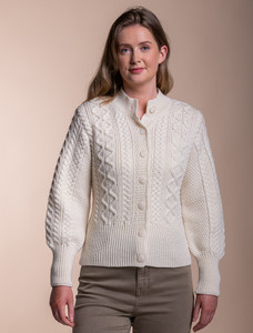 Women's Merino Wool Aran Cable Cardigan - Natural White
