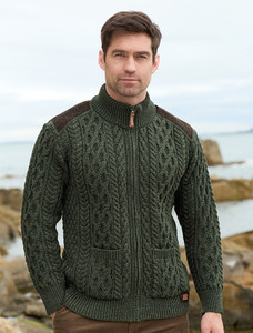 Men's Shoulder Patch Aran Sweater - Army Green