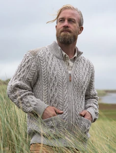 Men's Shoulder Patch Aran Sweater - Army Green