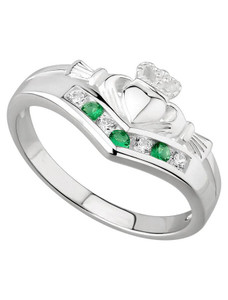 Emerald & Cz Claddagh Wishbone Ring