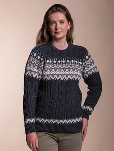 Aran Jacquard Cable Crew Neck Sweater - Charcoal