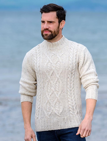 Wool Cashmere Aran Mock Turtleneck Sweater - Chalk