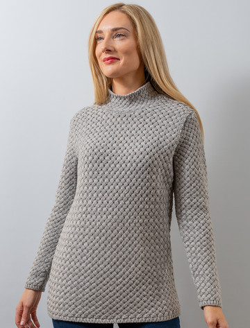 Aran Funnel Neck Cross Sweater - Soft Grey