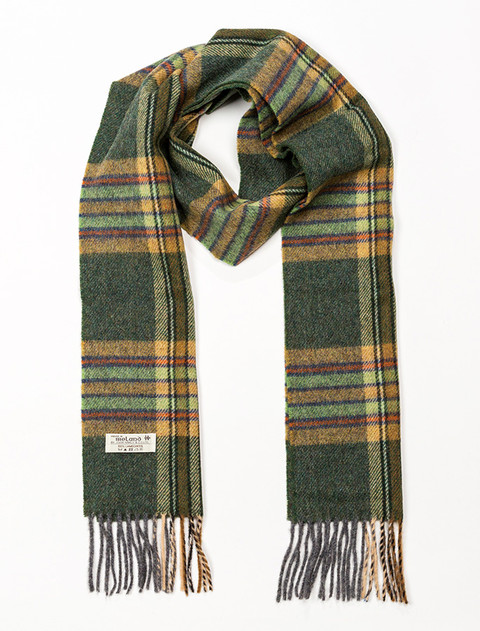 Narrow Lambswool Plaid Scarf - Olive