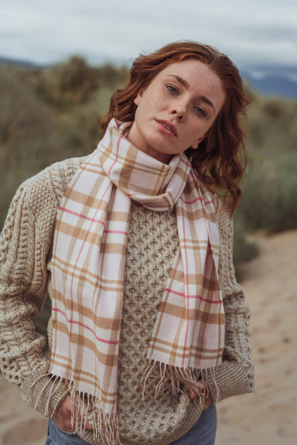 Merino Luxury Wool Scarf - Pink Camel Check